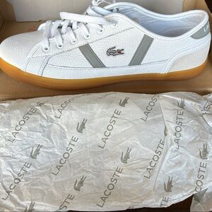 Lacoste Men's White and Gray Sneakers with Tan Sole